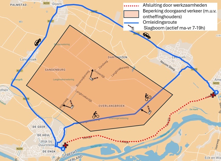 Omleidingsroutes tijdens afsluiting Lekdijk